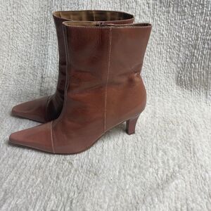 Sandra leather glossy mix of pink & Brown Ankle heels Boots Side zipper SZ 7.5M